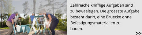 Zahlreiche knifflige Aufgaben sind  zu bewaeltigen. Die groesste Aufgabe  besteht darin, eine Bruecke ohne  Befestigungsmaterialien zu  bauen.   >>